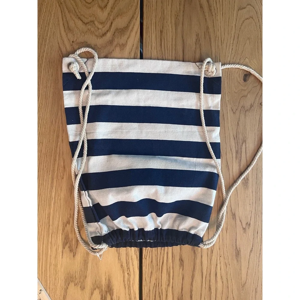Martha's Vineyard Canvas Drawstring Backpack Navy White Striped Pink‎ Whale Bag